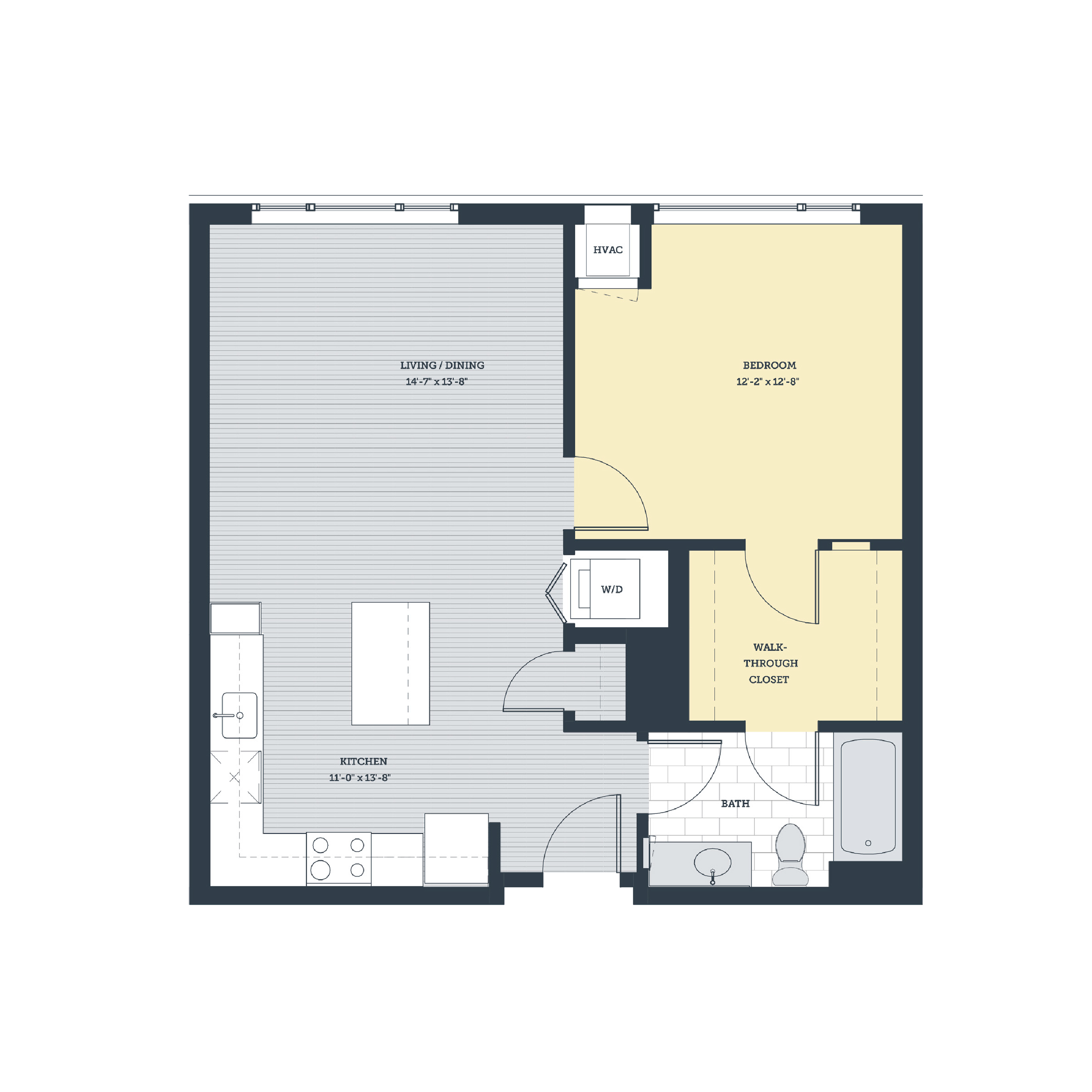 Floor plan for 1 bed, 1 bath, 734 sqft